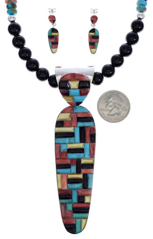 Southwestern Multicolor Pendant Necklace And Earrings Set PX35250